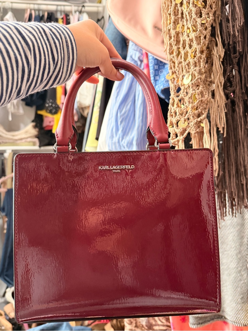 Karl Lagerfeld Burgundy Patent Satchel